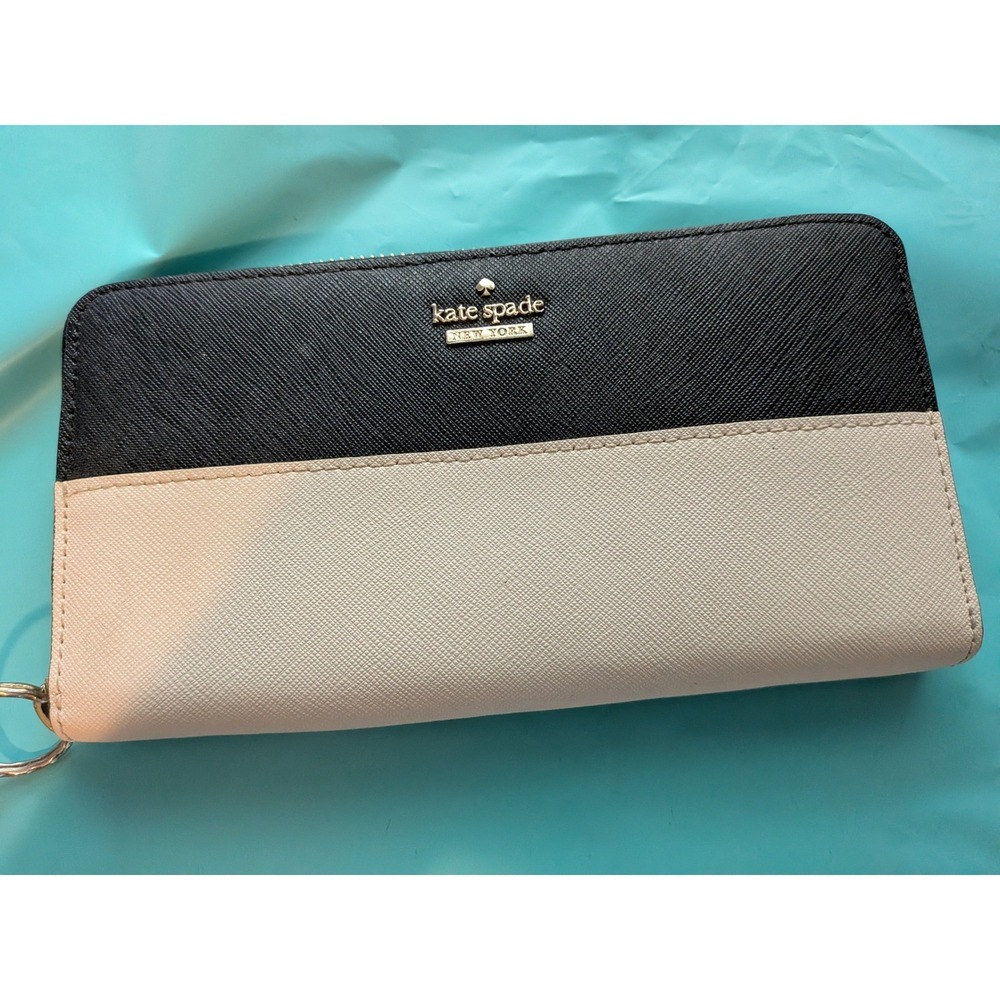 Kate Spade Black Cream Cameron Street Lacey Saffiano Leather Zip Around Wallet